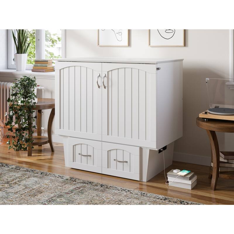 Twin Murphy Bed Chest with Storage Drawer and Charging Station, White Finish, Elegant and Functional Design