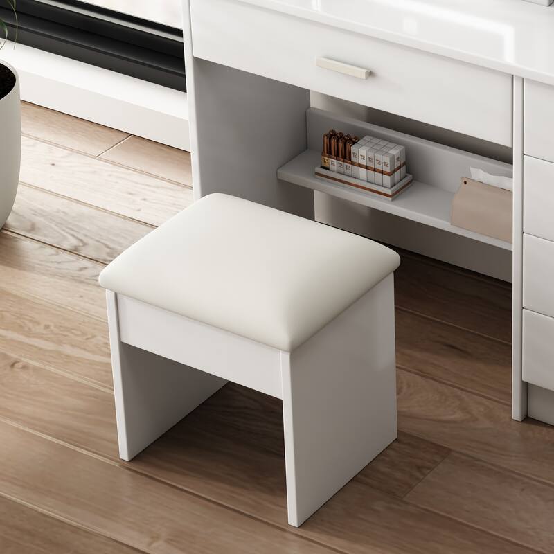 Vanity Desk with Mirror and Lights, Dressing Table Set with Drawers and Open Shelves, Makeup Table with 3 Lighting Modes