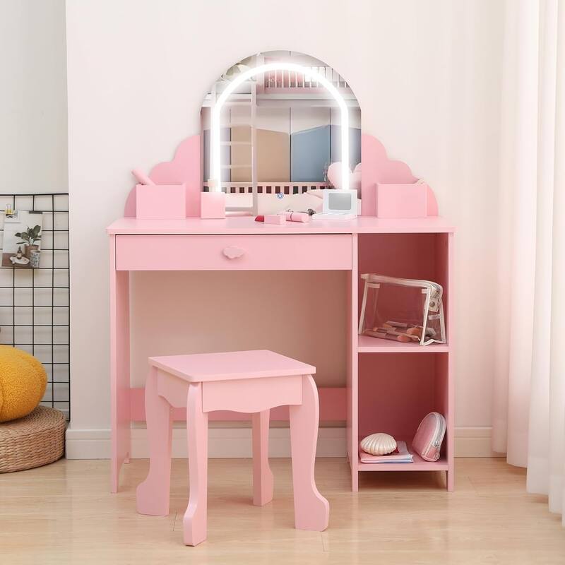 Kids Vanity Set with Lighted Mirror and Stool, Storage Drawer and Shelves for Girls Ages 3–9