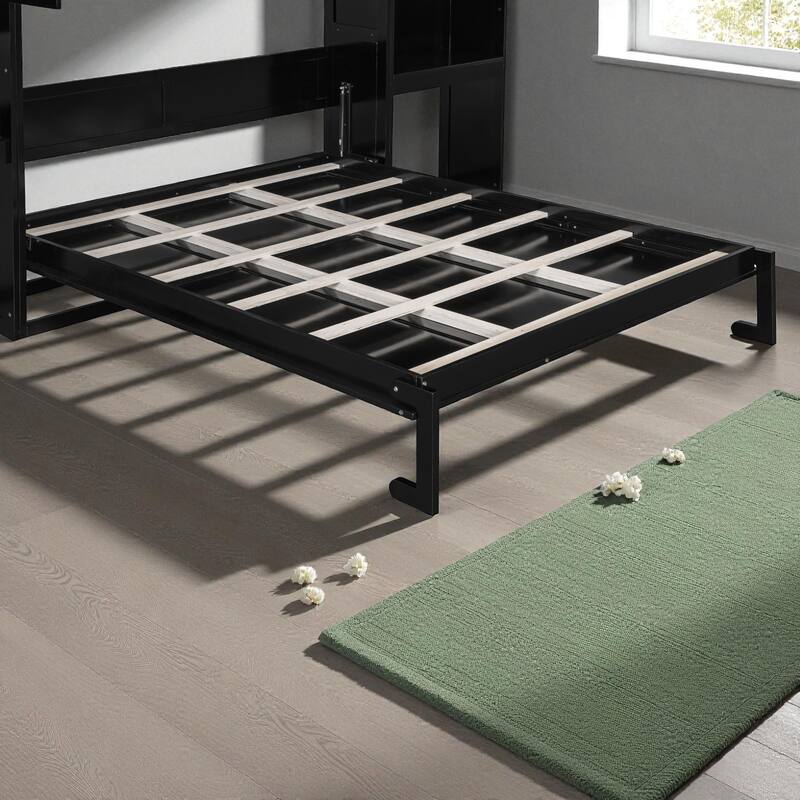 Queen Size Murphy Bed with Desk, Flip-Up Vanity & Cabinets, Space-Saving Wall Bed with Storage for Bedroom & Guest Room