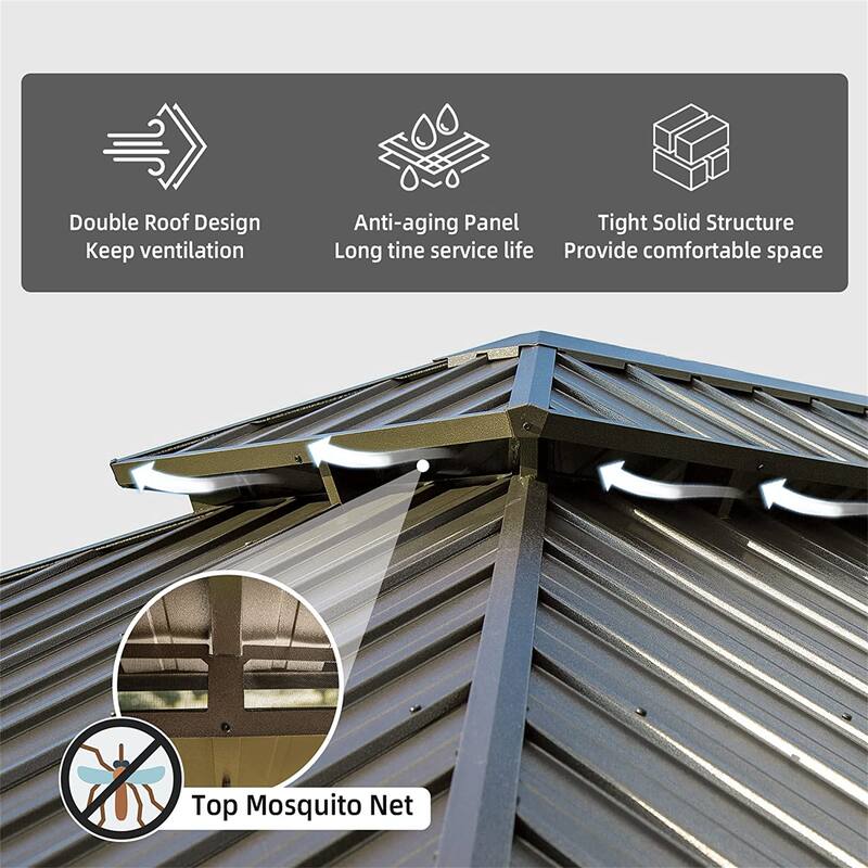 12'x18' Hardtop Gazebo with Wood-Look Aluminum Frame, Double Roof, Curtains & Netting for Outdoor Use