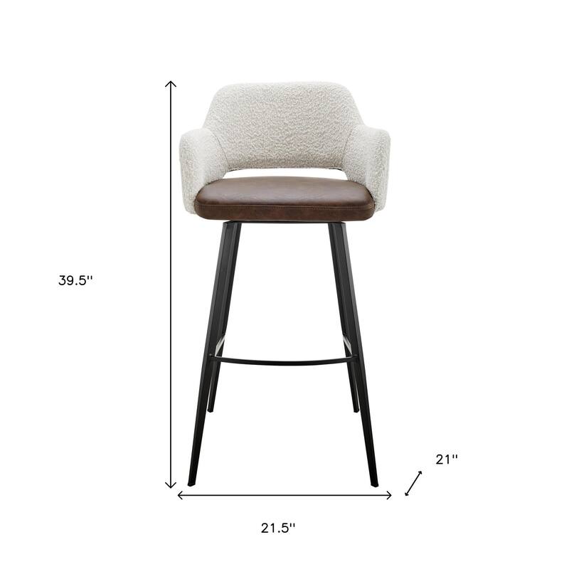 HomeRoots 30" Ivory Brown And Black Boucle Faux Leather And Steel Bar Height Swivel Bar Chair
