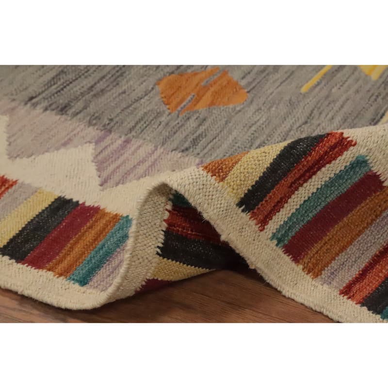 Hand Woven Oriental 100% Wool Carpet Southwestern Tribal Greys & Charcoal Kilim Area Rug - 7' 10'' X 4' 10''