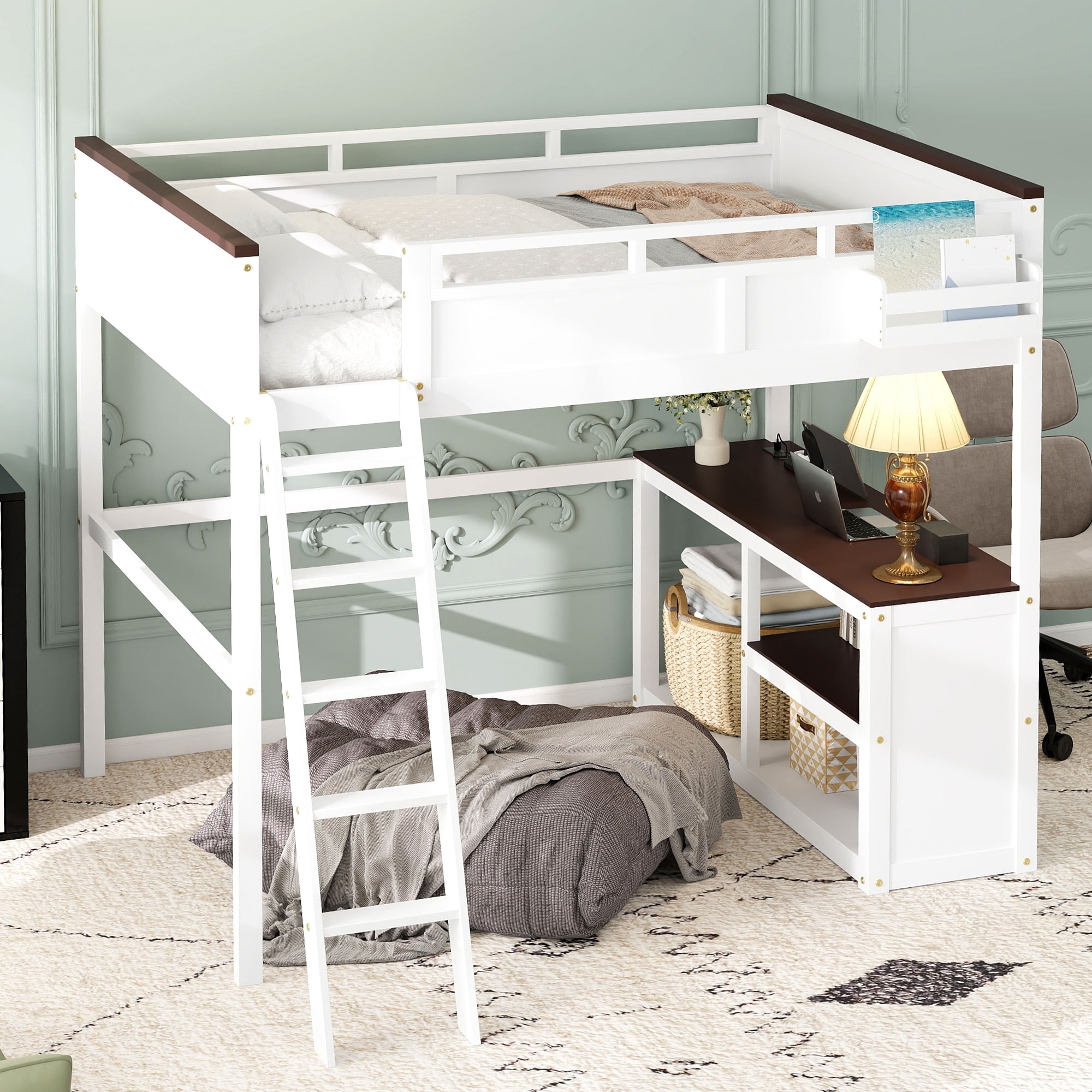Queen Size Loft Bed with Integrated Desk, Open Shelves, and Storage Box - White