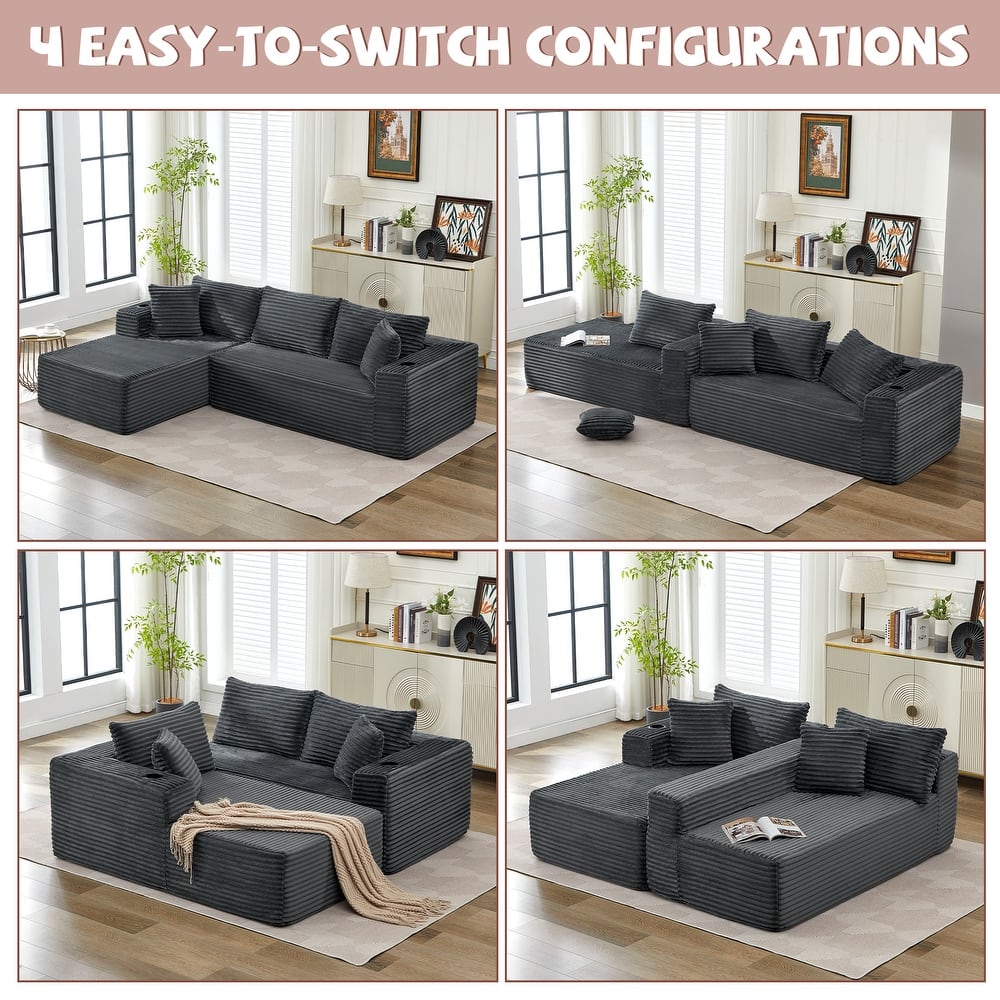 Upholstered L-Shaped Sectional Sofa Couch Chaise with Cupholders, No Assembly Required