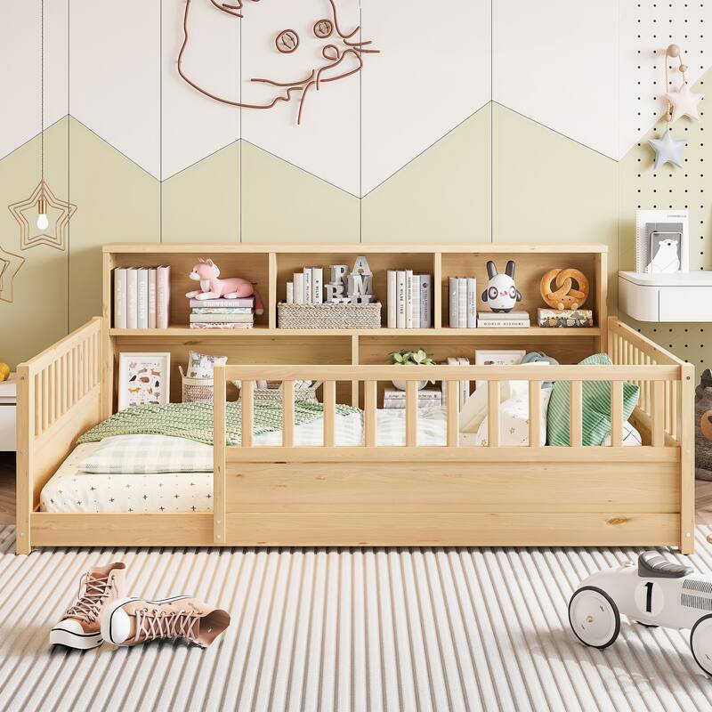 Wooden Floor Bed Frame with Fence Guardrail & Side Storage, Low Profile Kids Bed (Full/Twin) - Natural - Full