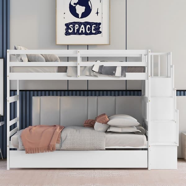 slide 2 of 17, Twin over Twin Wooden Bunk Bed with Storage Stairway and Trundles White