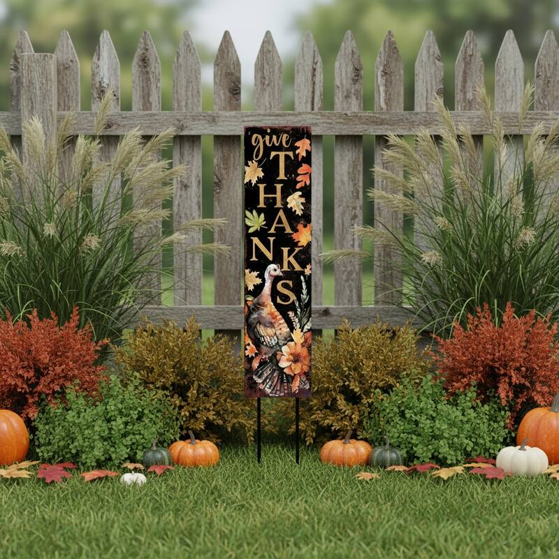 HomeRoots 42" Black Gold Orange And Purple Solid Wood Halloween And Thanksgiving Reversible Garden Stake - Orange/Gold/Black - Wood