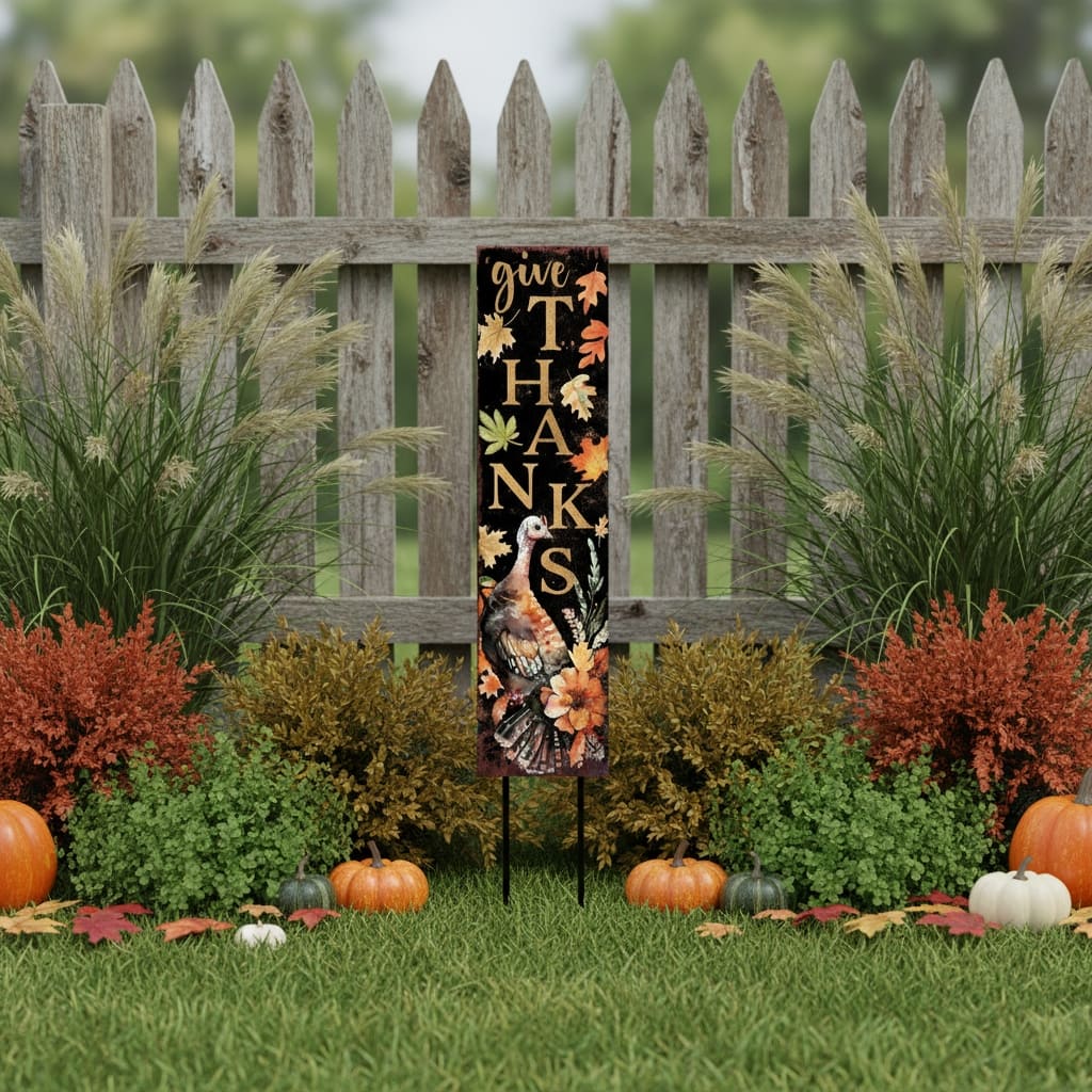 HomeRoots 42" Black Gold Orange And Purple Solid Wood Halloween And Thanksgiving Reversible Garden Stake