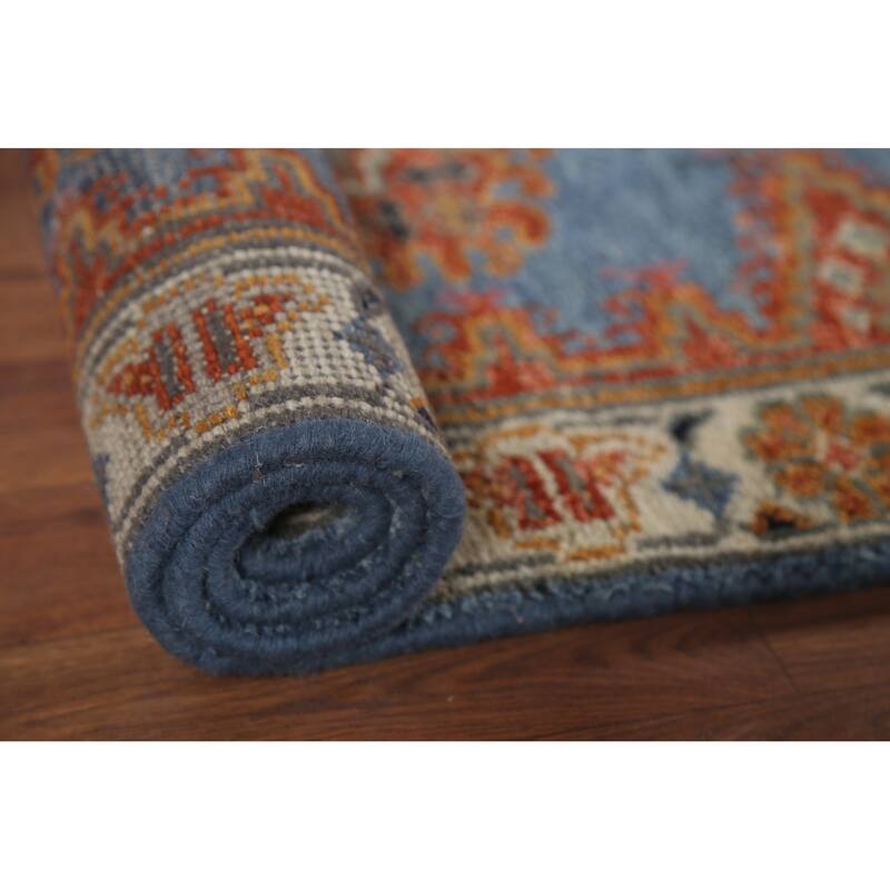 Blue Geometric Khotan Indian Runner Rug Hand-Knotted Wool Carpet - 2'8"x 7'10"