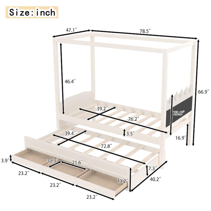 Full/Twin Platform Bed with Upholstered Headboard, Trundle & 3 Drawers, Princess Canopy Bed