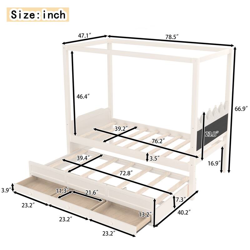 Princess Canopy Platform Bed with Upholstered Headboard, Trundle and 3 Drawers, Kids House Bed Frame with Storage