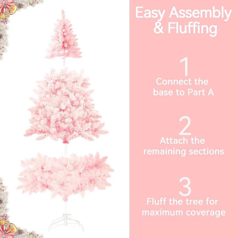 6FT White/Blue/Pink Artificial Xmas Snow Flocked Christmas Tree with Metal Stable Stand Base