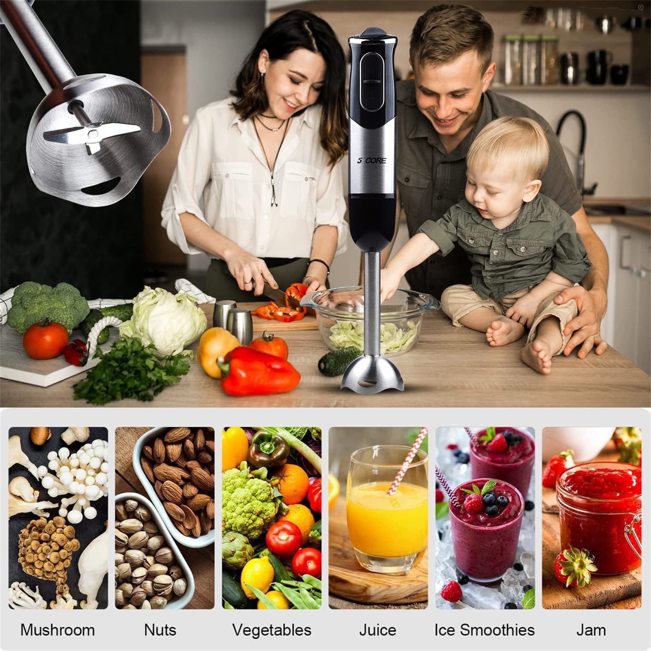 5Core 500W Immersion Blender Handheld 2 Speed Stainless Steel