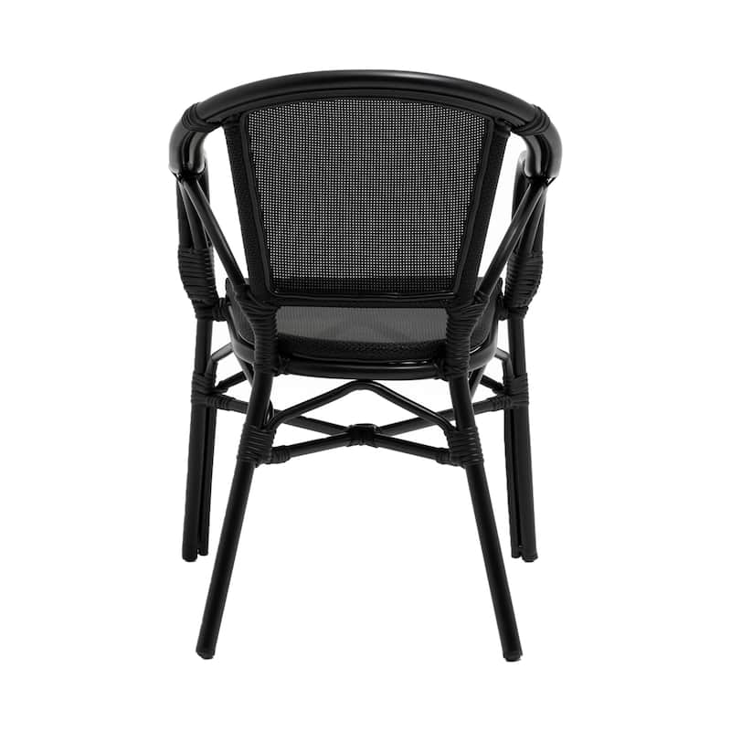 Set of Two Black Textured Mesh Sling And Aluminum Outdoor Stacking Arm Chairs
