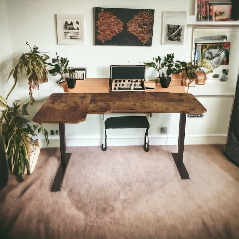 59" Adjustable Brown And Black And Black L Shape Standing Desk - Brown