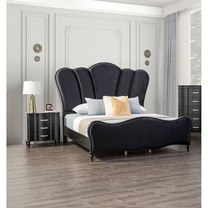 1pc Nightstand Exquisite Bedroom Black Solidwood Turned Wood Legs Bedside Table Furniture Curved Front Panels