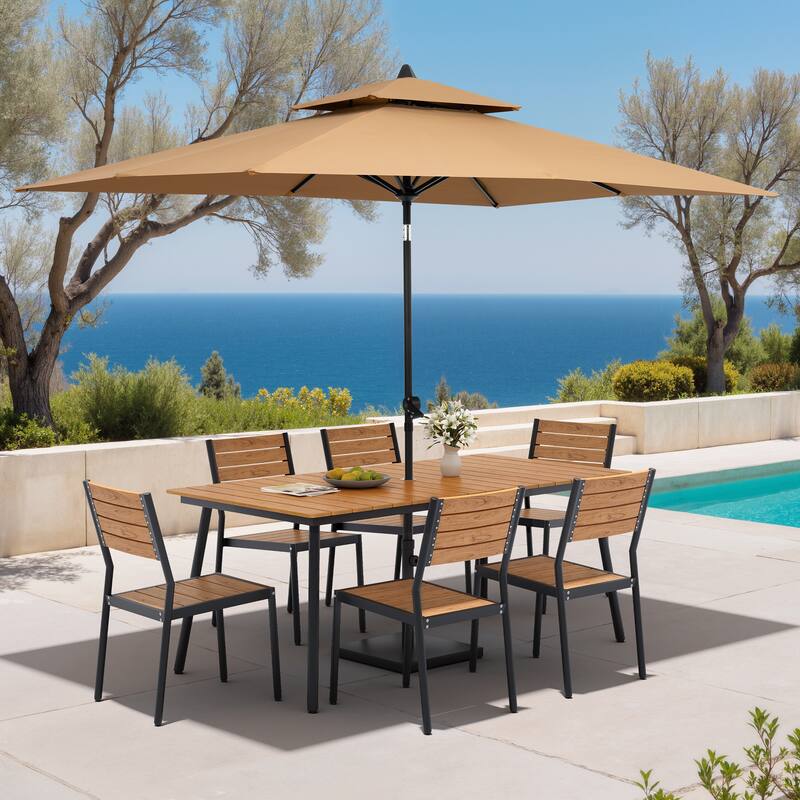 9PC Outdoor Patio Dining Set Aluminum Table with Stackable Chairs w/ Market Umbrella Set - BrownTable&BrownChairs&TanUmbrella