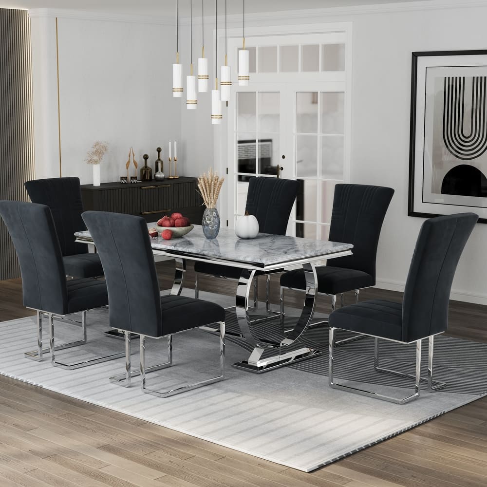 65 inch Faux Marble Dining Table Set with Boucle Dining Chairs