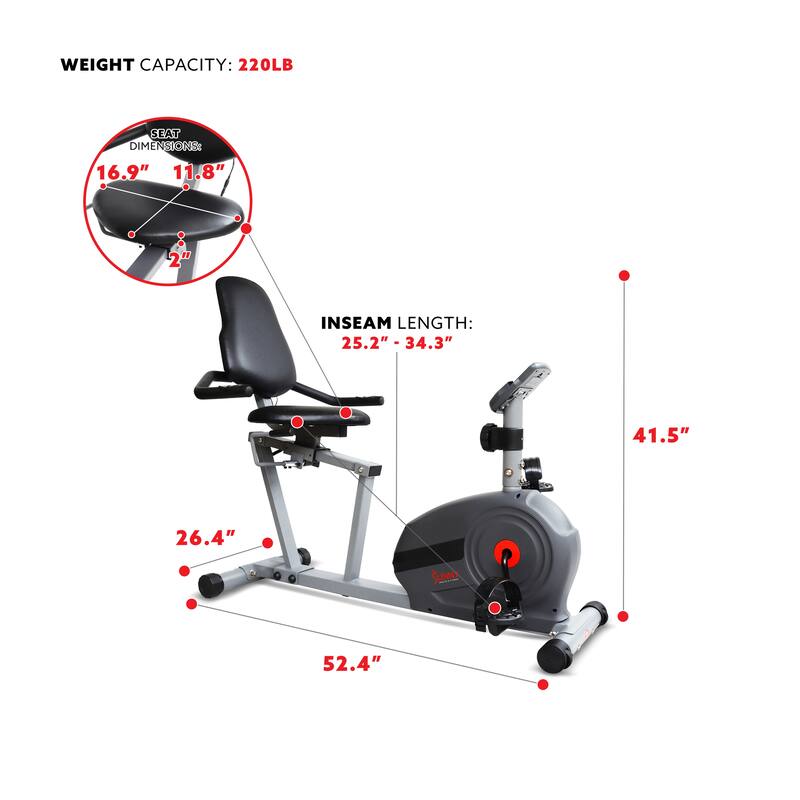 Sunny Health & Fitness Essentials Series Magnetic Smart Recumbent Bike SF-RB422903 - 52.4L x 26.4W x 41.5H