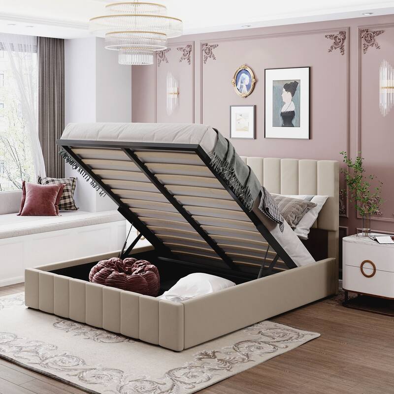 Upholstered Platform bed with a Hydraulic Storage System - - Beige - Queen