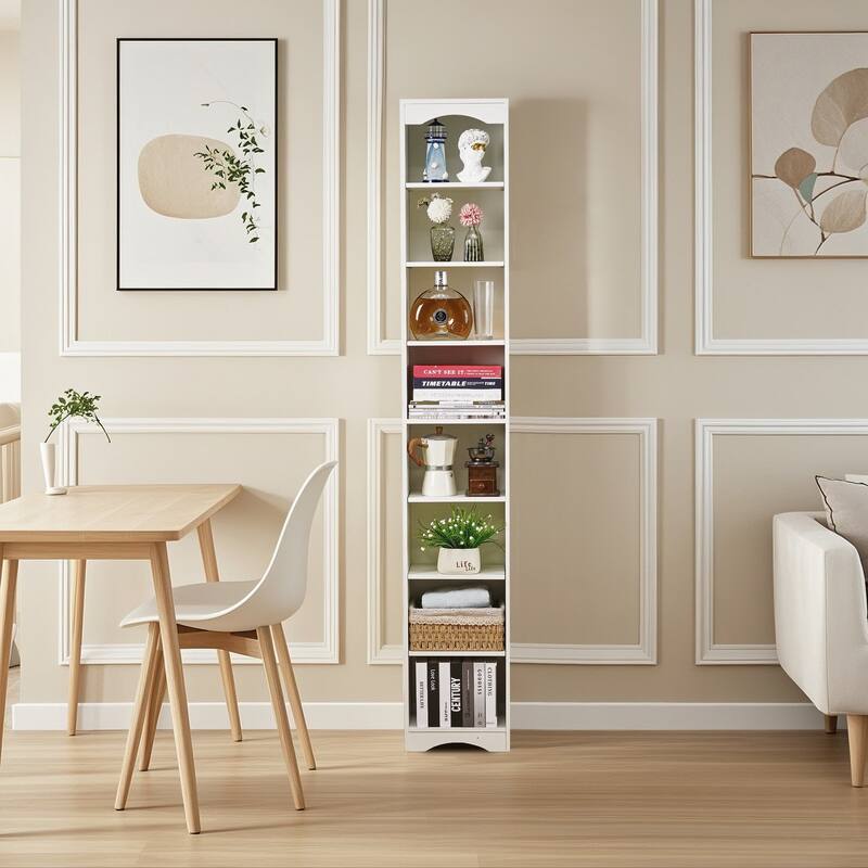 VECELO Tall Narrow Bookshelf with Adjustable Shelves Slim Vertical Storage Cabinet with Moisture-Resistant Base for Home Office