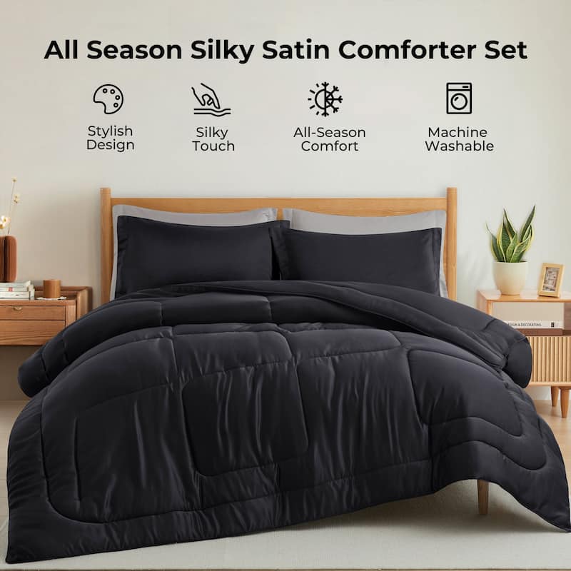 3 Piece All Season Silky Soft Satin Reversible Comforter Set