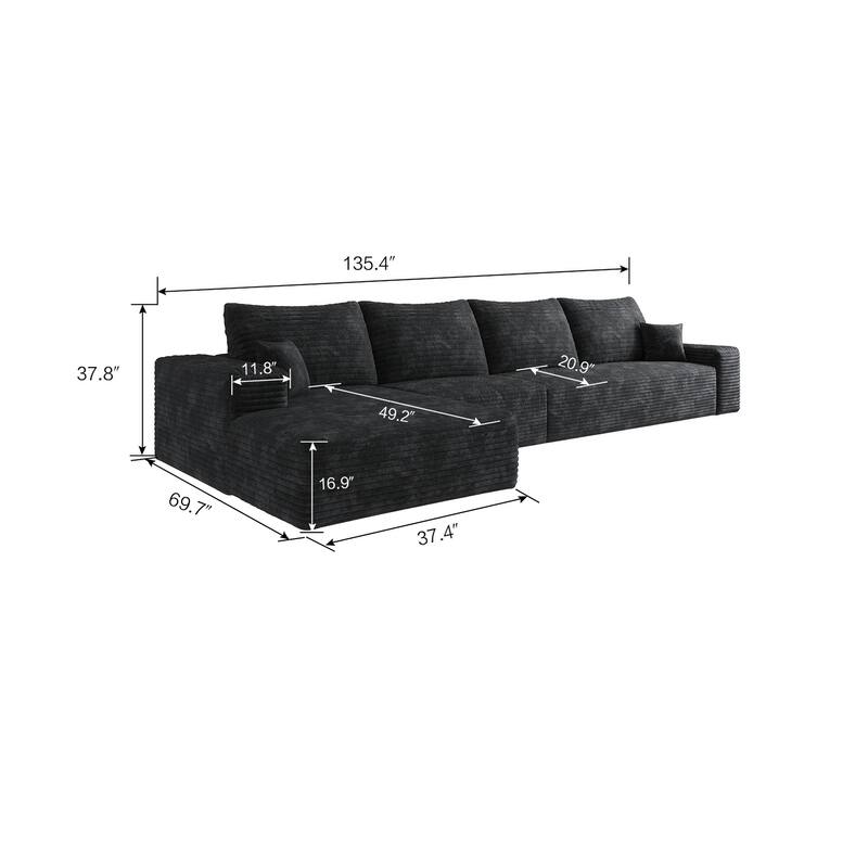 Large Sleeper Sectional Couch L-Shape Floor Modular Recliner Sofa Corduroy Upholstered Chaise Lounge with Ottoman for Livingroom