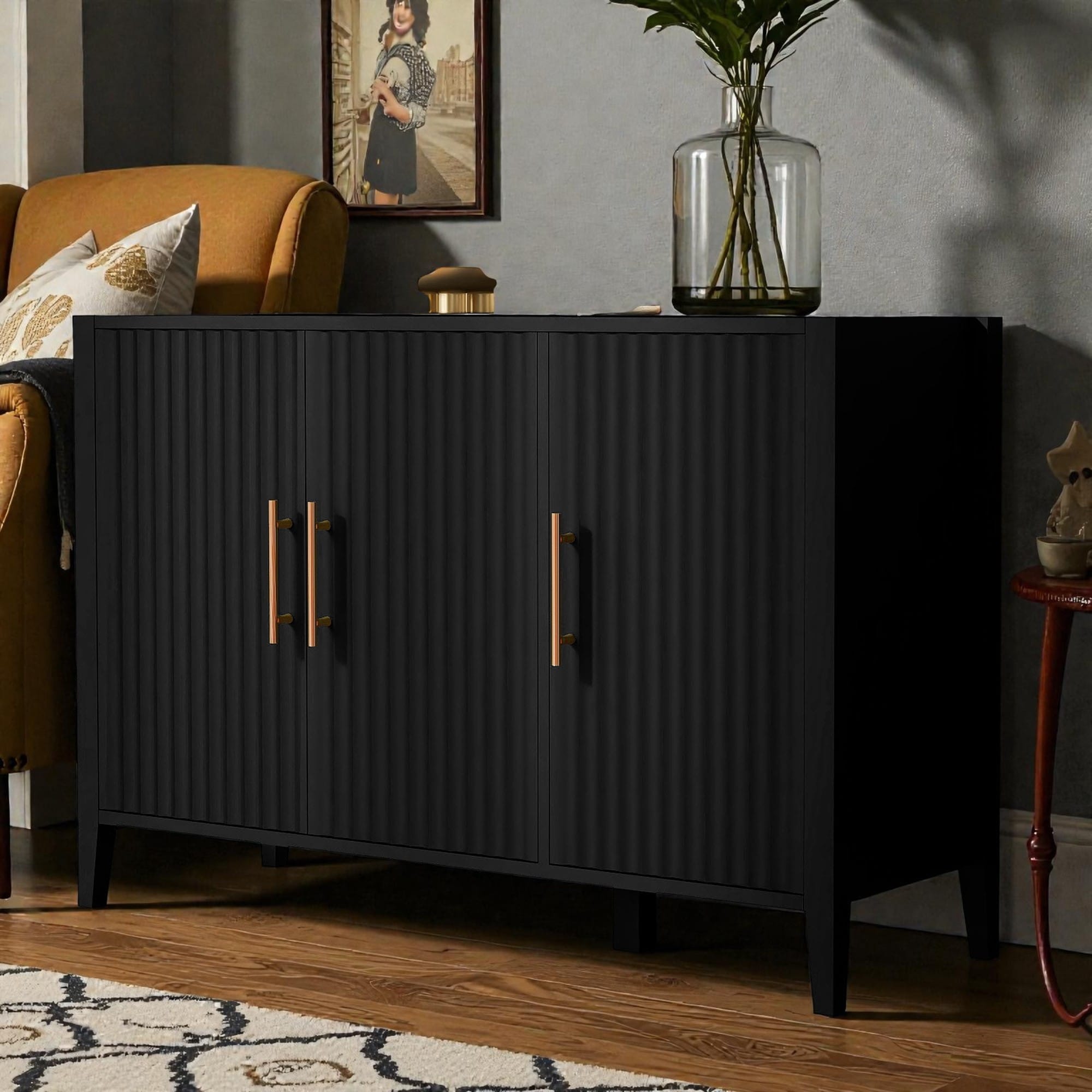 48" Storage Cabinet, Buffet Cabinet, 3-Door Sideboard with Metal Handles and Entryway Cabinet, Coffee Cabinet for Living Room