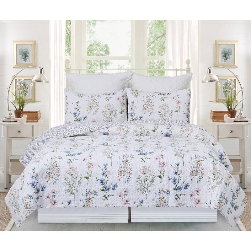 Cynthia Floral Cotton Quilt Set - Reversible and Machine Washable