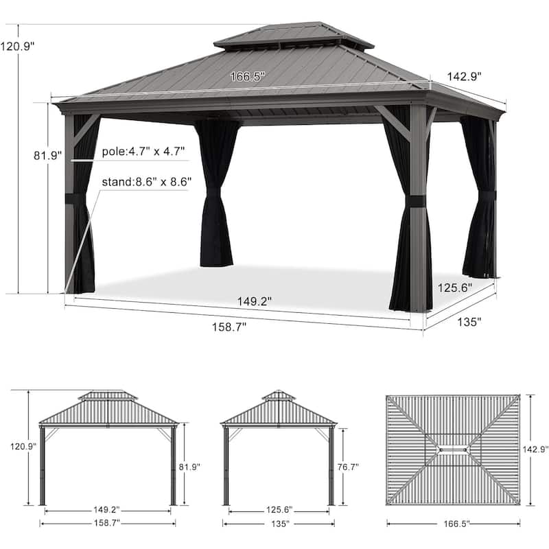 PURPLE LEAF Patio Gazebo for Backyard Hardtop Galvanized Steel Frame with Upgrade Curtain and Light - Light Grey