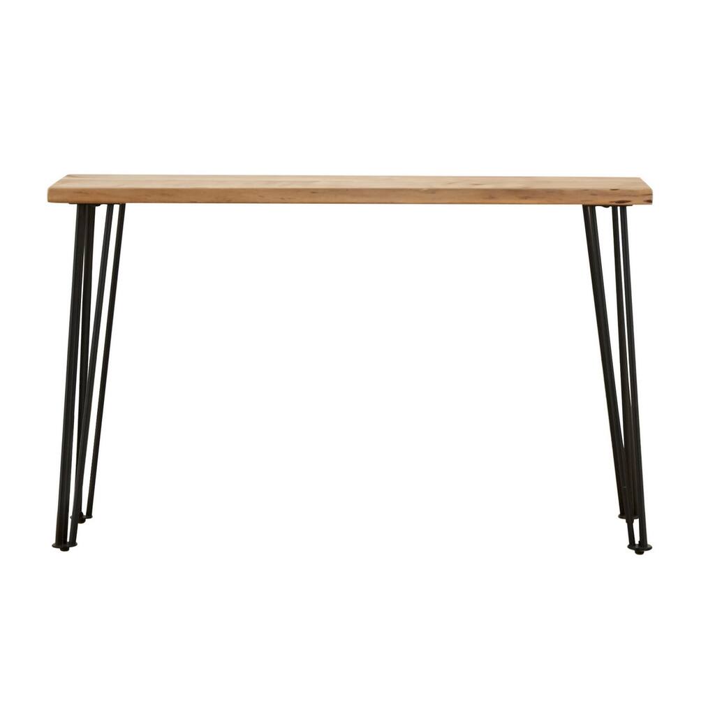 Riz 50 Inch Rectangular Sofa Table, Live Edge Top, Black Iron Hairpin Legs