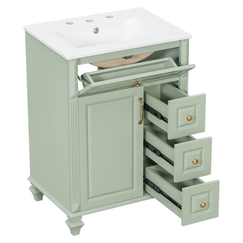 24" Freestanding Bathroom Vanity with Ceramic Sink, Flip-Out Drawer & 3-Drawer Cabinet, Solid Wood & MDF