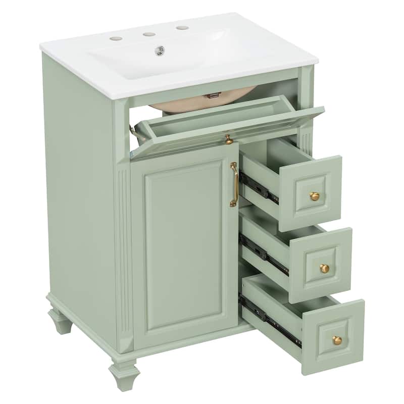 24"Bathroom Vanity with Sink, Freestanding Vanity Cabinet with Flip-Out Drawer, 3 Drawers & Storage Cabinet, Ceramic Sink Top