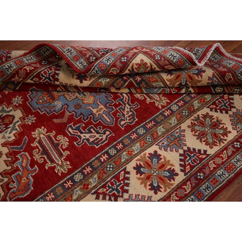 Red Geometric Kazak Area Rug Hand-Knotted Traditional Wool Carpet - 4'10" x 6'9"