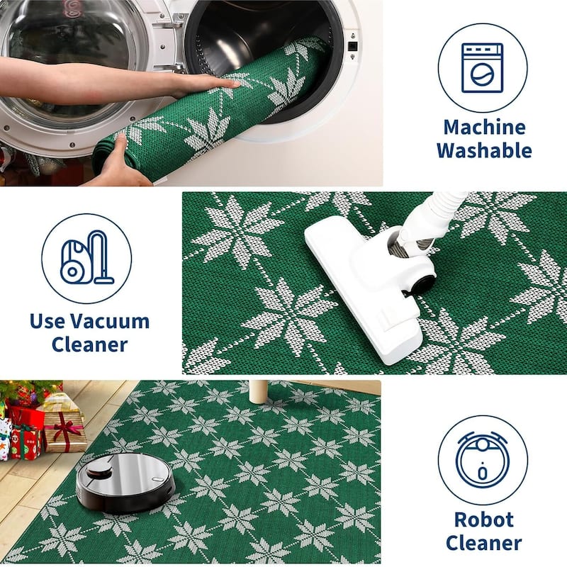 GustoWave Christmas Geometric Throw Area Rugs, Non Slip Machine Washable, Green - 1'6" x 2'6"