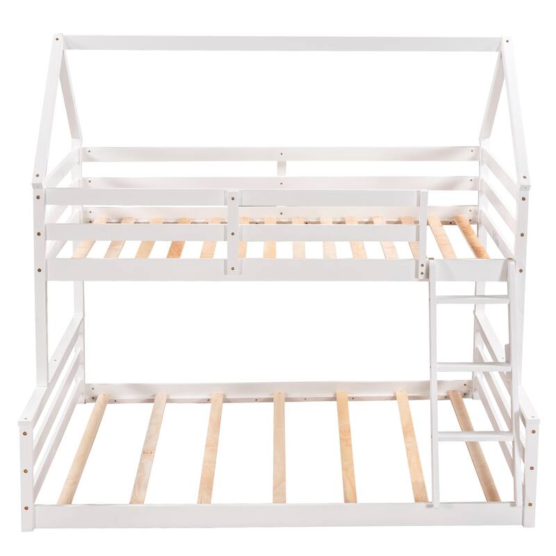 Roomfitters Twin Over Full House Bunk Bed with Built-In Ladder, Playhouse Roof