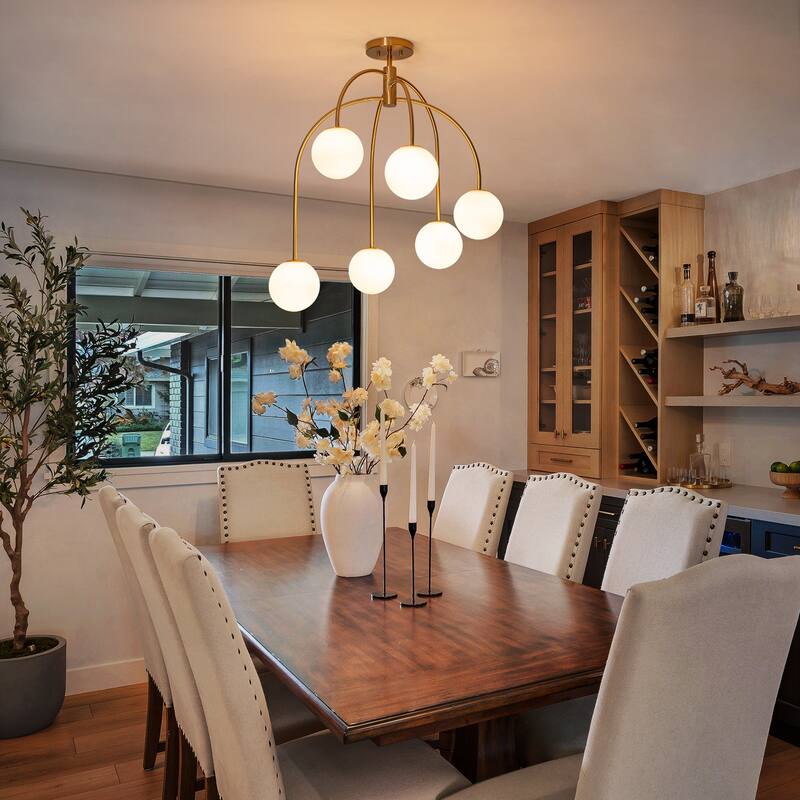 6-Light Brass Semi-Flush Mount Ceiling Light with Opal Glass Globe Shades - 27.2-in W x 32.3-in H