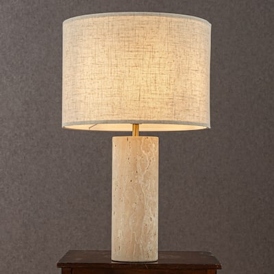 CraftHome 1-Light 22'' Modern Coastal Natural Cylinder Travetine Table Lamp With Beige Linen Shade For Bedroom - W14''