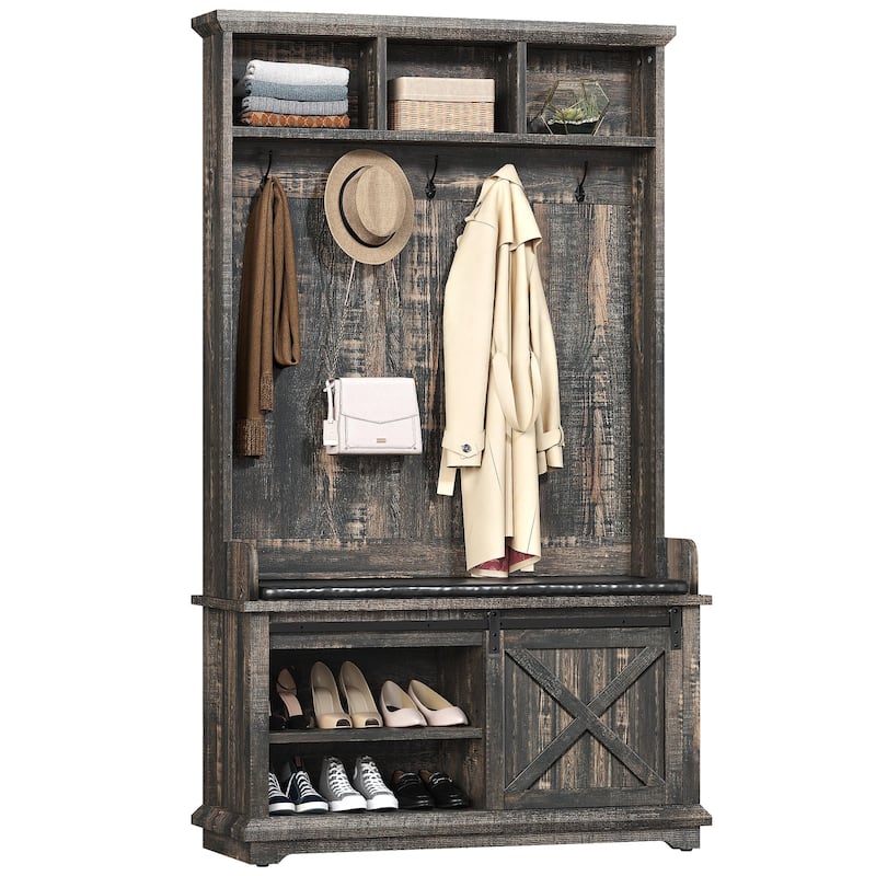 Moasis Hall Tree with Shoe Bench, Coat Rack Organizer for Entryway Hallway - Oak