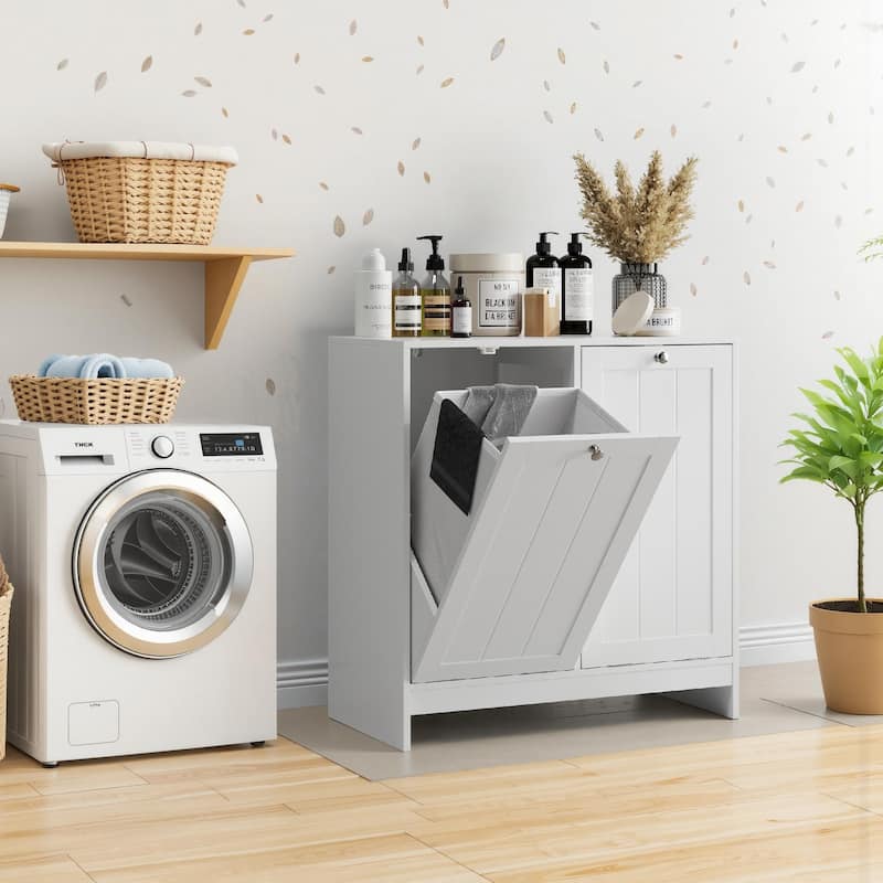 Roomfitters Modern Tilt Out Laundry Hamper Cabinet, Double Hidden Storage Organizer with Open Shelf for Bathroom, White