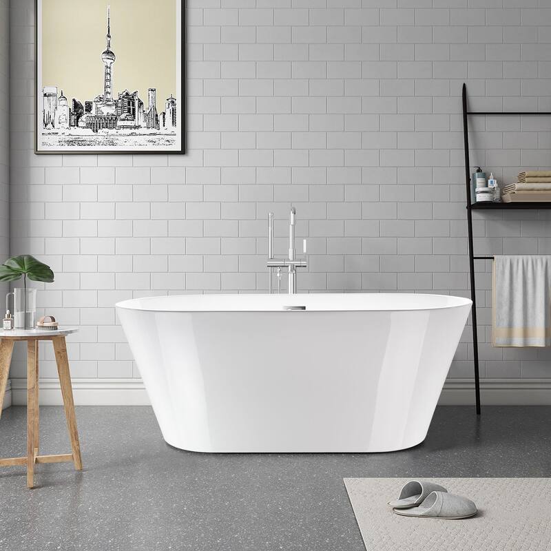 Vanity Art 59" Non-Slip Acrylic Freestanding Soaking Bathtub with Overflow & Pop-up Drain