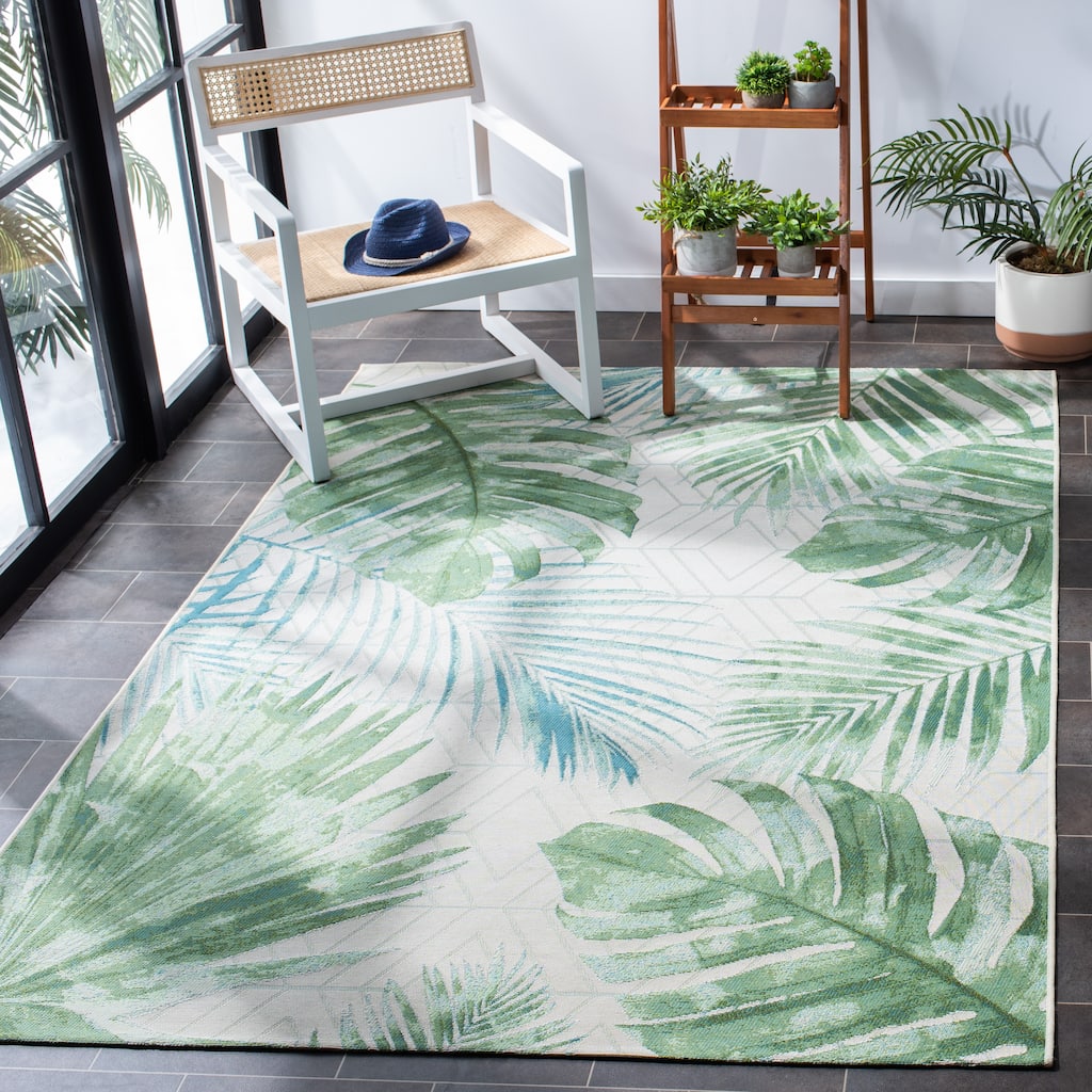 SAFAVIEH Barbados Nairne Tropical Indoor/ Outdoor Waterproof Patio Backyard Rug - Green/Teal - 9'10" x 12'5"
