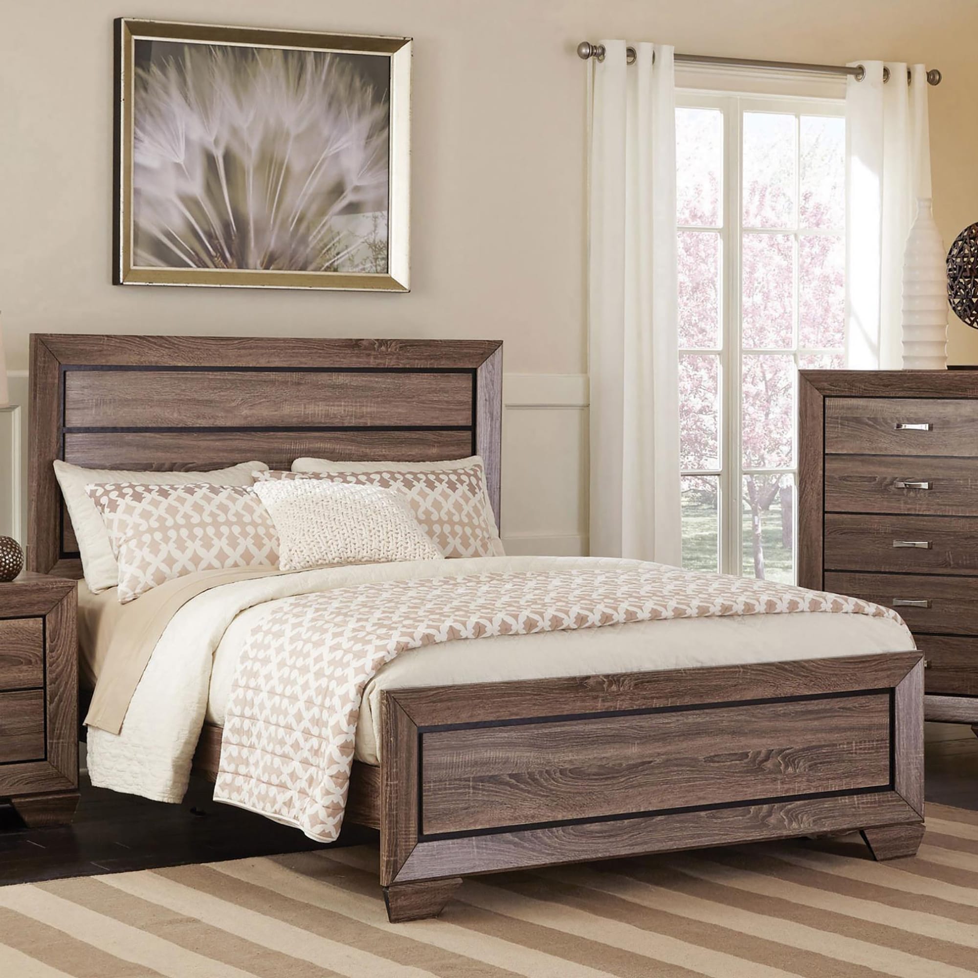 Queen Size Wood Panel Bed with Horizontal Plank Headboard