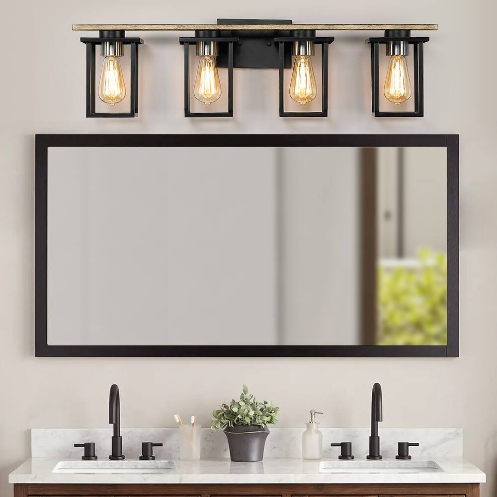 33 in. 4-Light Matt Black/Wood Tone Rustic Farmhouse Bathroom Vanity ...