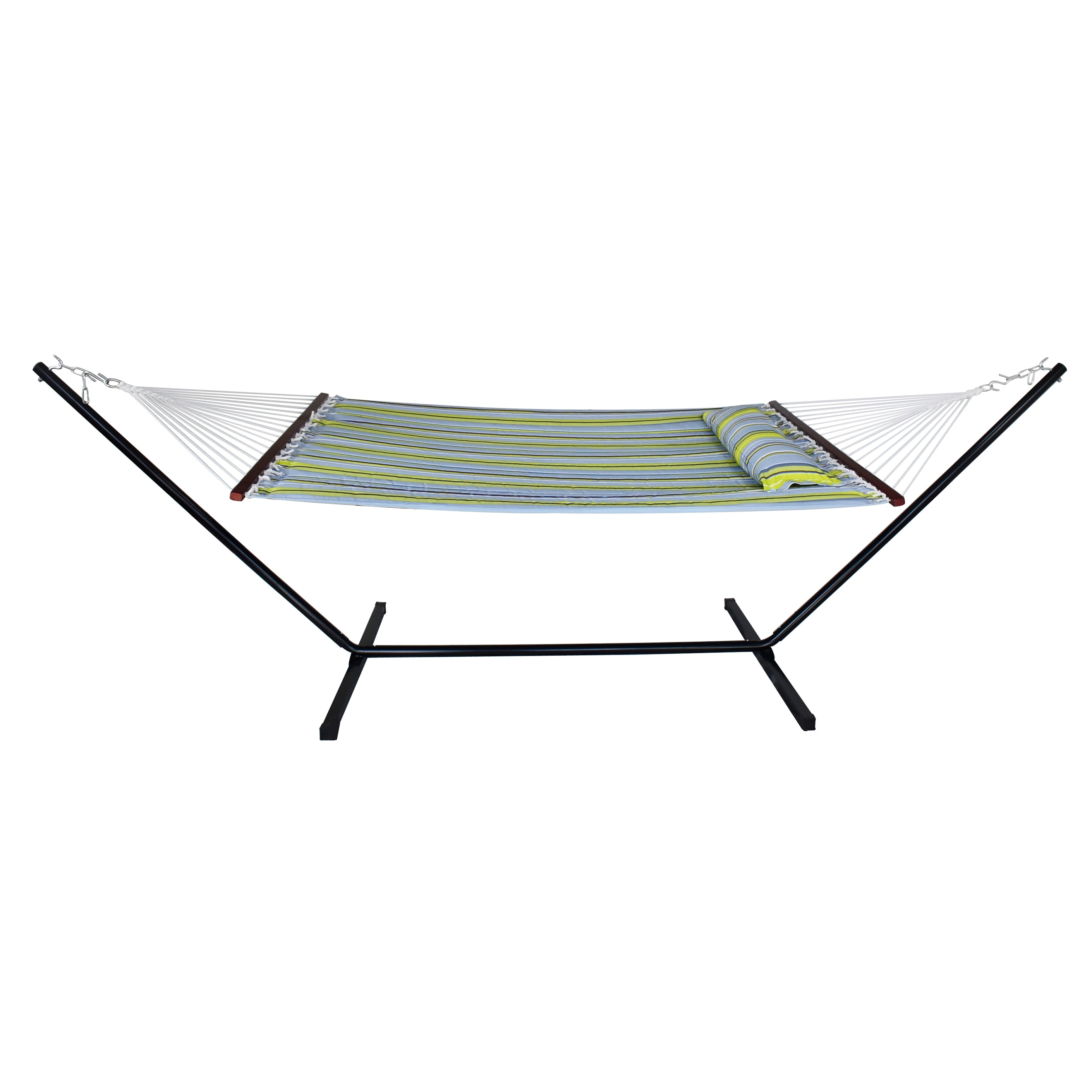 Hammock with Stand and Spreader Bars and Detachable Pillow, Heavy Duty, 450 Pound Capacity for Indoor/Outdoor (Green/Blue)