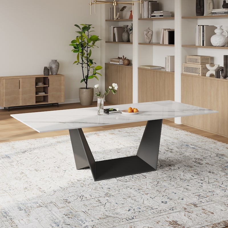 63"-95" Modern Extendable Dining Table For 6-10,White Glossy Sintered Stone Tabletop - 95