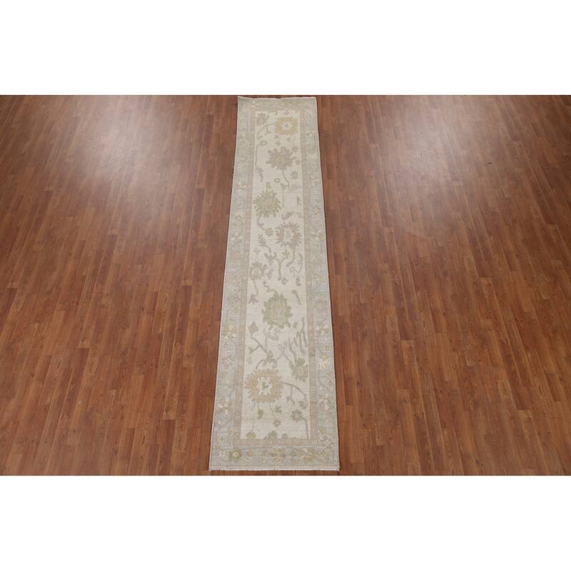 Hand Knotted Oriental 100% Wool Carpet Transitional All-Over Beige & Ivories Oushak Runner Rug - 11' 7'' X 2' 7''