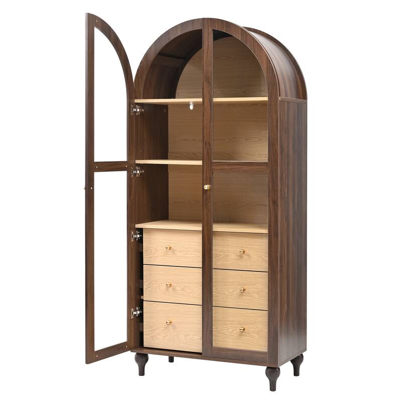 Christopher Knight Home - Farmhouse Arched Wood Kitchen Pantry Cabinet with Glass Doors & Hidden Drawers
