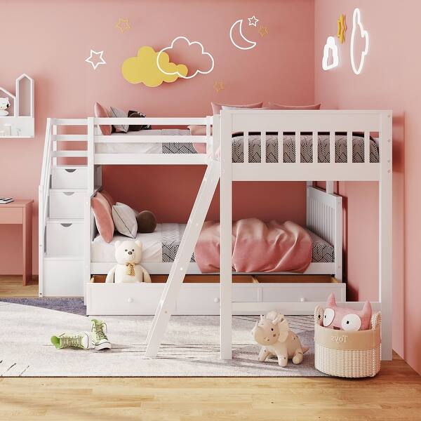 slide 2 of 10, Twin over Full Bunk Bed With 3 Drawers, L-Shaped Bed with Ladder, Wooden Bed with Storage Staircase for Bedroom, White White